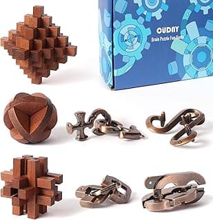 7 Pieces Unlock Interlock Brain Teaser Games Retro Wooden and Metal Puzzles IQ Logic Fun Puzzle Box image