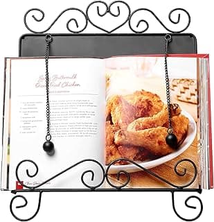 MyGift Black Metal Cookbook Stand for Kitchen Counter, Cookbook Easel Stand with Weighted Page Holder and Vintage Scrollwork Design image