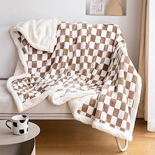 LOMAO Sherpa Throw Blanket Fleece Blanket with Checkered Pattern Soft Thick Blanket for Couch, Bed, Sofa Luxurious Warm and Cozy for All Seasons (Khaki, 51"x63") image