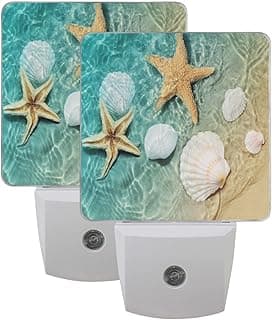 Vdsrup Summer Beach Starfishs Night Light Set of 2 Seashells Ocean Sea Plug-in LED Nightlights Auto Dusk-to-Dawn Sensor Lamp for Bedroom Bathroom Kitchen Hallway Stairs image