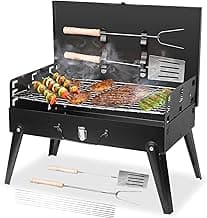 Portable Charcoal Grill Kit - 17.3" Folding BBQ Grill, Adjustable Heights,5 Skewers, 1 Spatula, 1 Fork, Mini Tabletop Grill, Small Grill Outdoor for Camping, Grilling Backyard, RV, Tailgating, Picnic image