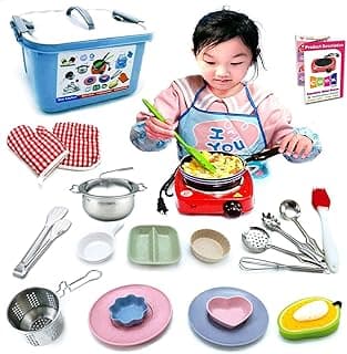 22 Pcs Montessori Kids Junior Tiny Real Toddler Safe Easy Bake Cook Set with Pretend Kitchen Tool -Mini Stove Burner, Chef, Apron, Oven Mitt, Recipes -Real Food Utensils Gift for Boys Girls Ages 6-12 image