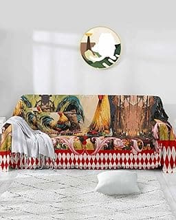 Farm Rooster Sofa Covers Couch Covers for Armchair Cushion Couch Sofa Silpcover with Tassel,Red Geometric Animal Print Oil Painting Living Room Bedroom Throw Blanket Covers for Pets Kids,XX-L 71"x150" image