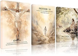 3Pcs Framed Jesus Christian Motivational Earth Tone Verse and Bible Stories Scripture Canvas Wall Art for Living Room Bedroom Church Decoration 12x16 inch Ready To Hang