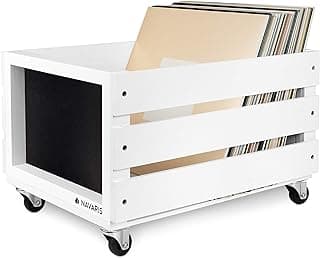 Navaris Wood Record Crate with Wheels - Vinyl Album Storage Holder Box Wooden Case with Chalkboard Sign Board - Holds up to 80 LP Records - White