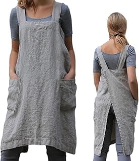 ZQFFB Pinafore Cross Back Apron for Women with Pockets Japanese Smock for Work Gardening Cooking Painting Baking image