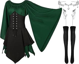 4 Pcs Women Elf Costume Renaissance Traditional Irish Dress Fairy Ears for Halloween Cosplay