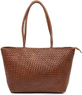 Large Leather Tote Bag for Women - Premium Quality Woven Leather Handbag with Superior Zipper Closure & 2 Pockets image
