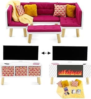 Emily Rose18-inch Doll Living Family Room Sofa Chair Bed Couch Wooden Furniture Set - Includes TV, Fireplace, Storage Bins and Fun Accessories! | for 14"-19" Dolls - Toy Gift Set for 3+ Little Girls