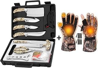 GVDV Hunting Knife Set 15 Pieces + Rechargeable Heated Gloves for Hunting Fishing, Fingerless Gloves, Camo image