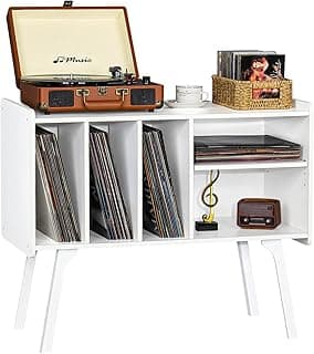 Lerliuo Record Player Stand with 4 Cabinet Holds Up to 220 Albums, Large Turntable Stand with Beech Wood Legs, Mid-Century Record Player Table,White Vinyl Holder Storage Shelf for Bedroom Living Room image
