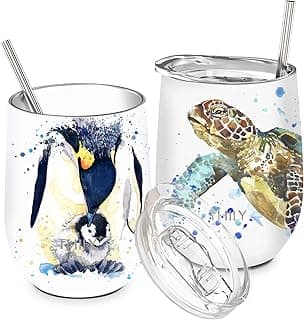 THILY Stainless Steel Insulated Wine Tumblers 12 oz Cute Travel Stemless Glasses with Sliding Lids and Metal Straws, Keep Hot or Cold for Wine, Coffee, Juice, 2 Pack(Sea Turtle + Penguin) image