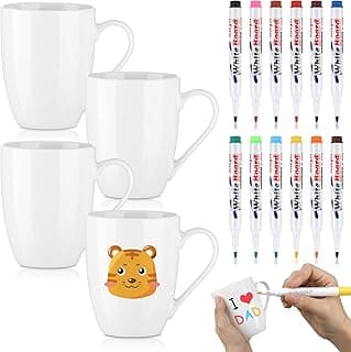 Mifoci 28 Pcs Paint Your Own Mug Ceramic Mugs to Paint Mug Paint Kit Decorate Your Personalized Coffee Mug DIY Craft Include 4 Blank Ceramic Mugs 2 Set Marker Pen for Kid Adult(Drum Shaped) image