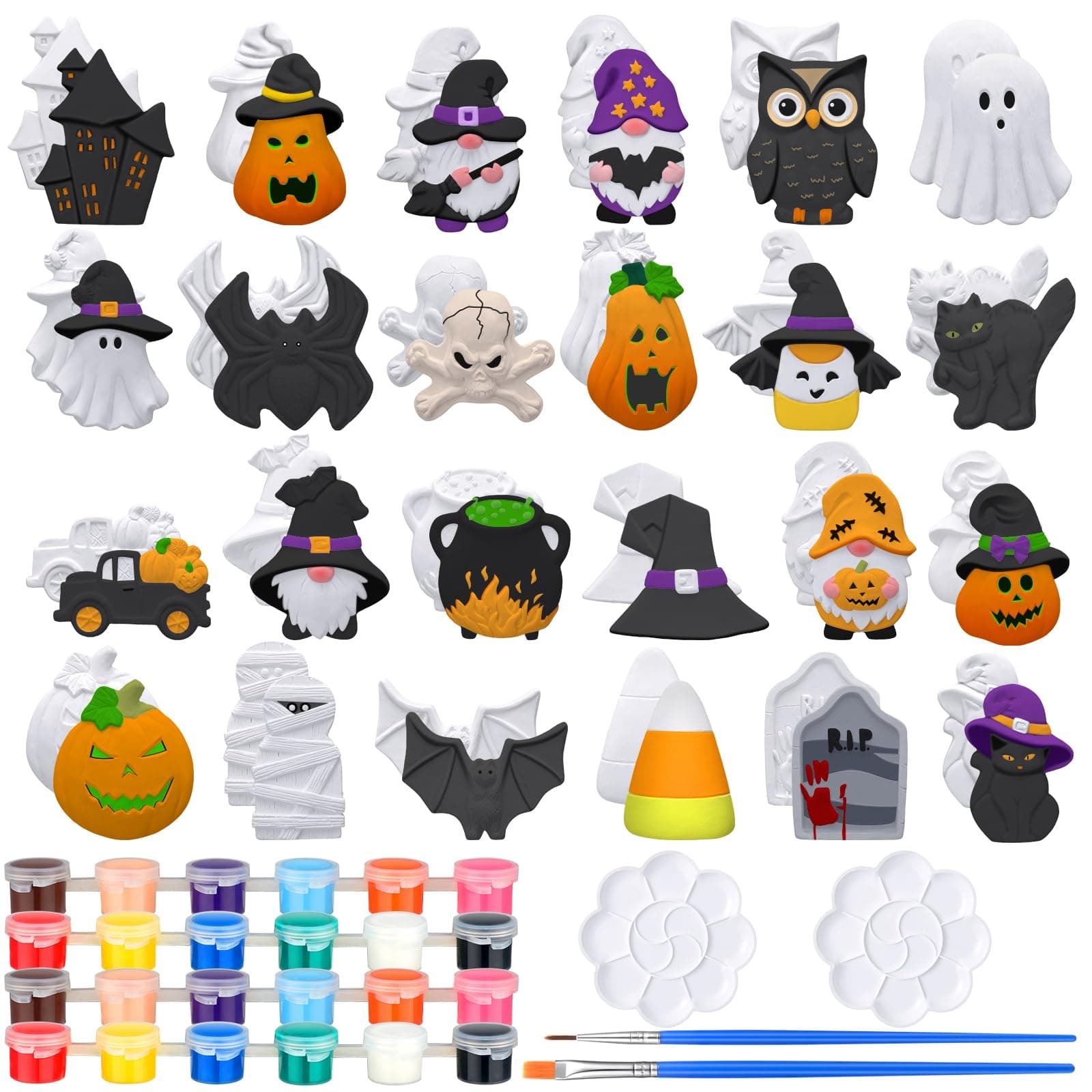 24 Sets Halloween DIY Painting Kits with Unpainted Ceramic Pumpkin Ghost Bat Skull Gnome Witch Hat Black Cat Ready to Paint for Classroom Activity Art Projects Halloween Gifts Party Decor