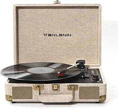 Vinyl Record Player with Built-in Speakers Vintage 3-Speed Portable Suitcase Bluetooth Turntables with USB Recording Belt-Driven LP Player Support AUX/RCA/Headphone Jack, Beige Linen