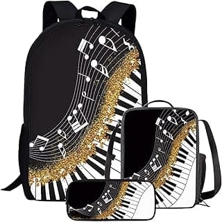 Cute Black School Backpack with Lunch Box for Girls Large Capacity Lightweight Custom Piano Key Music Note Backpack Set Aesthetic Kids Comfy Padded Adjustable Book Bag Lunch Bag Pencil Case 3 in 1 image
