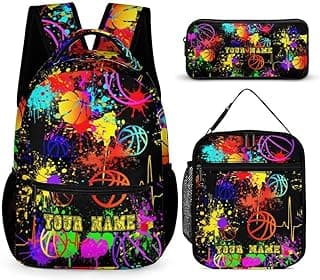Custom Basketball Backpack with Lunch Box & Pencil Case, 16 Inch Cool Basketball Themed Bookbag, Adjustable Lightweight Large Capacity, Colorful Basketball Backpack Set for Kids Girls Boys School image