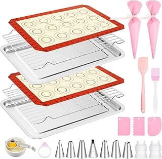 25 Pcs - Stainless Steel Cookie Baking Sheet Tray Cooling Frame with Macaron Silicone Baking Mat Set 6 Pcs, Piping Pastry Bags and Tips Kit 15 Pieces, Roasting Tool Set 4 Pieces