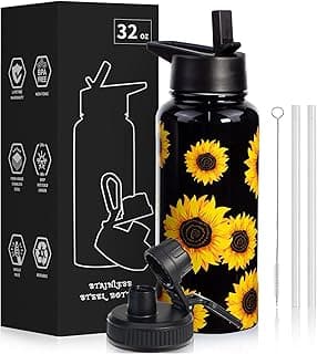 32oz Sunflower Vacuum Insulated Stainless Steel Water Bottles with Straw & Spout Lids, Double Wall Sport Bottle, Sweat-Proof BPA Free, Canteen Metal Thermo Mug Hydro Cup Jug, Sunlfower Gift image