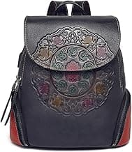 Leather Backpack for Women Organizer Retro Vegetable Tanning leather bag Vintage Embossing Totem (Grey)