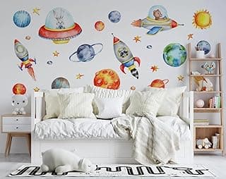 Space Animals Wall Decal - Space Nursery Wall Sticker - Sun and Planets Wall Stickers - Astronaut Themed Wall Decor - Kids Room Bedroom Planet Set Decoration Rocket Decals Art Mural Vinyl (Set1) image