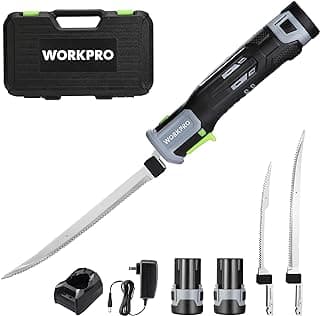 WORKPRO 12V Cordless Electric Fillet Knife with 8'' and 10'' Razor-Sharp Blades, Cordless Fillet Knife with Non-slip Grip Handle and Safety Lock, 2 Rechargeable Battery Packs, 1 Quick Battery Charger, and 1 Storage Carry Case for Fishing, Filleting, Outdoors image