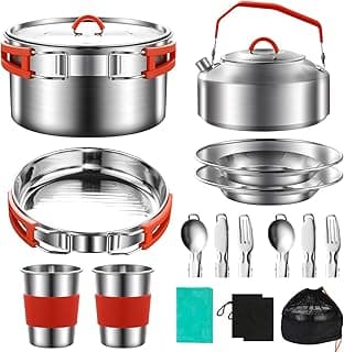 Camping Cooking Set,Camping Cookware Mess Kit,304 Stainless Steel Camping Pot and Pan Set with Kettle Cups Plates Forks Knives Spoons for Camping, Picnic, RVs for 2 People image