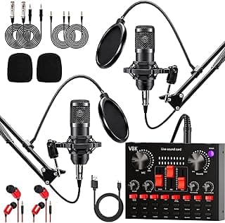 Podcast Equipment Bundle for 2, Audio Interface with Cardioid Designer BM800 Mic for Gamer and All-in-One DJ Mixer, Perfect for Live Streaming, Singing, YouTube image