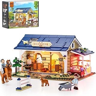 Farm Horse-Stable Lighting-Building-Bricks Set - Farm Life Horse Animals Cabin Collection LED Light Cottage Model Display Set 973 Pcs for Adults and Teen