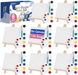 ESRICH 8Pack Mini Acrylic Paint Kit,Canvas Painting Kit,5inStretched Canvas with7.5in Easel,Acrylic Paint Strips,Paint Palettes,Painting Brushes,Canvas and Easel Set for Kids Artists Beginner,Gift