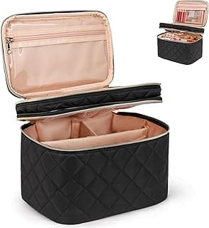 Travel Makeup Bag Organizer, Large Make Up Bag for Women, Double Layer Cosmetic Bag with Removable Dividers, Portable Makeup Case Storage, Black image