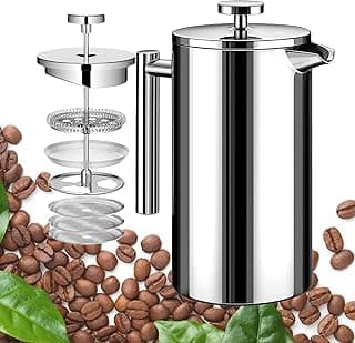 French Press Coffee Maker 34oz, Stainless Steel Double Wall Insulated, 3 Extra Filters & Coffee Spoon for Hot/Cold Brew, Durable Coffee Press for Home, Camping, Office - Silver