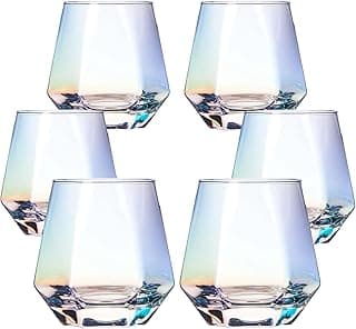 Hand Blown Stemless Wine Glasses Set of 6 – 10 oz Crystal Red Wine Glasses – Premium Iridescent Diamond Shaped Drinking Glasses in Gift Box – Cool Wine Glasses for any Occasion image