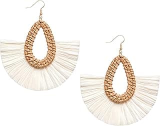 Statement Raffia Tassel Earrings Boho Summer Beach Earrings Lightweight Straw Wicker Dangle Drop Earrings Trendy Rattan Fringe Jewelry for Women image