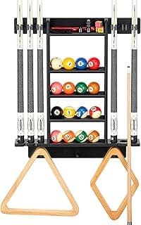 Billiards Pool Cue Rack, Pool Stick Holder Wall Mount Holds 6 Cues and Pool Table Chalk Equipment Accessories, Oak Solid Wooden Billiard Cue Rack for Game Room Club or Men Cave（Black Color） image