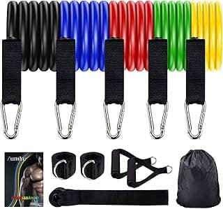 Resistance Bands Set Workout Bands with 5 Stackable Exercise Bands, 5 Resistance Loop Bands, 2 Core Sliders, Door Anchor, Ankle Straps, Jump Rope,Hand Grip Strengthener image