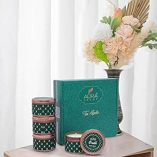 Tin Candle Aromatherapy Gift Set, 4 Fragrances - Vanilla, Oudh, Mandarin, Lavender, Scented Soy Wax Candles (Green Tin Candle, Set of 8) image