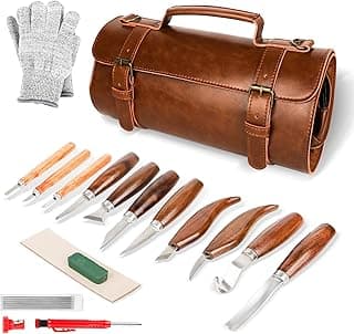 Wood Carving Tools Set Deluxe Wood Carving Kit Carving Knife Woodworking Carving Knife Woodworking Wood Carving Tools Set with Large Leather Case For Beginner and Carpenter Experts, Brown image