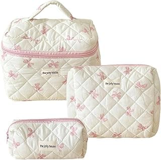 Cute Makeup Bag Aesthetic Floral Quilted Cotton Cosmetic Bag Travel Organizer Toiletry Pouch 3 Pack Set (02Pink Bow) image