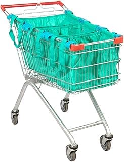 3-Pack Reusable Shopping Bags – Eco-Friendly Grocery Organizers with Universal Cart Clips, Zipper Pouch, and Heavy-Duty Design (Green)