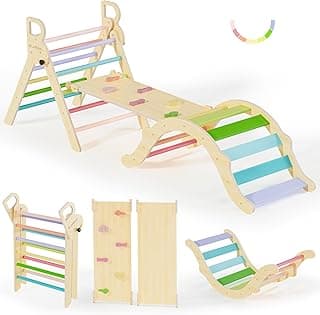 BlueWood Pikler Triangle Set, Toddler Wooden Climbing Toys Indoor 7in1 Foldable Climber for Kids, Montessori Philosophy Play Jungle Gym with Arch, Ramp, Ladder (Colorful Spring) image