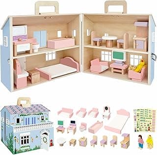 Foldable Wooden Dollhouse, DIY Doll House with 3 Sticker Sheets for 2 Styles (Pink & White), 4 Rooms, 16 Pcs Furniture, 2 Dolls, Metal Lock & Portable Handle - Ideal Gift for Kids Ages 3+