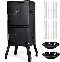 Giantex Outdoor Smoker with Double Doors, 2 Detachable Grill Netting Smoking Racks, Charcoal Pan & Water Pan, 4 Air Vents, Thermometer, Vertical Charcoal Smoker for Barbecue Camping Backyard Grill image