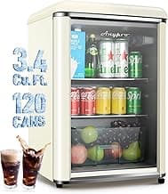 3.4 Cu.Ft Retro Small Beverage Refrigerator Cooler with Double Tempered Glass Door, 120 Can Wine Drink Beer Mini Fridge for Office Bedroom Bar with 7 Temperatures, Adjustable Shelves, White image