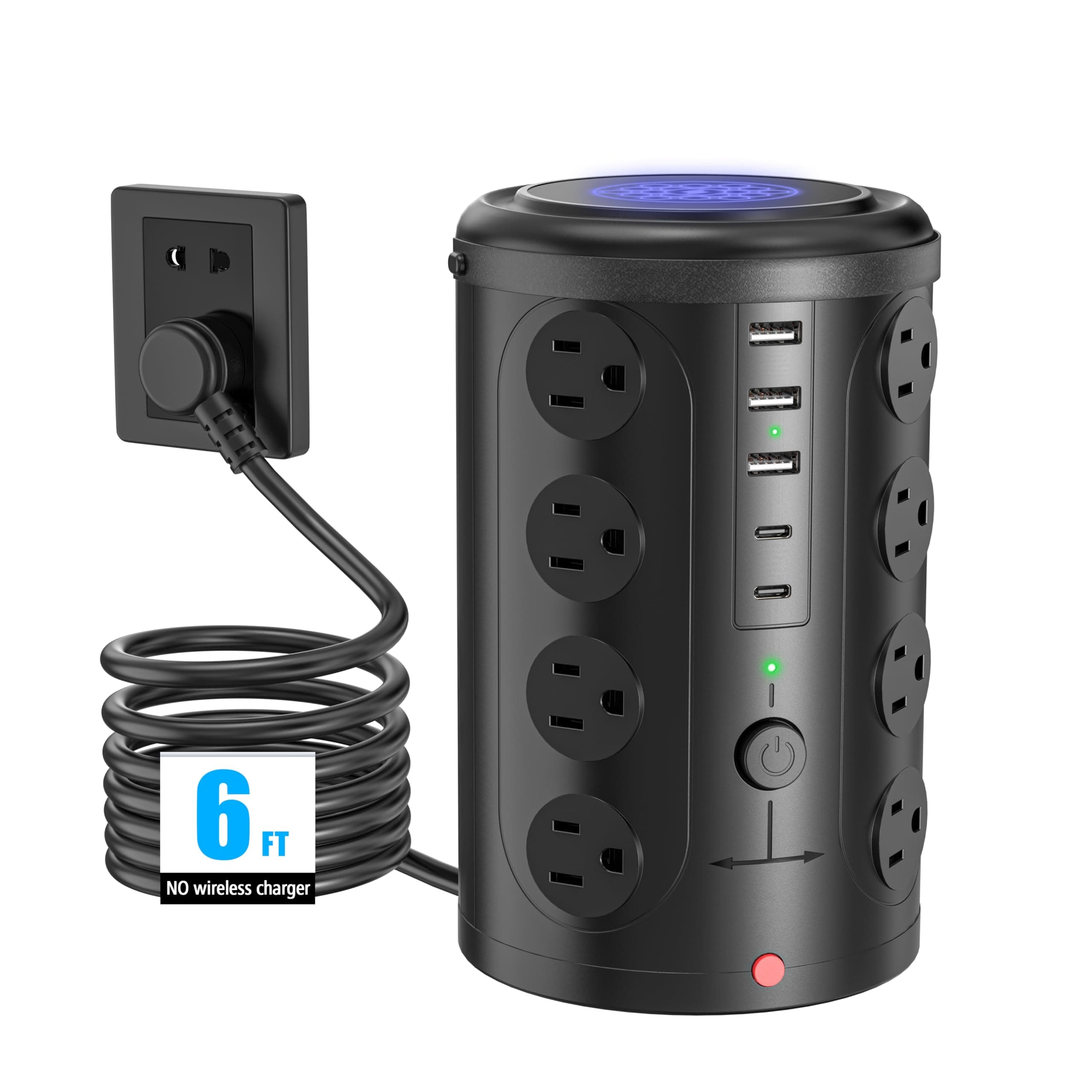 Tower Power Strip Surge Protector with 16 Outlets and 5 USB Ports (2 USB-C), 6FT Extension Cord with Multiple Outlets,Heavy Duty Charging Station,Home Office Dorm Room Essentials. No Wireless Charging image