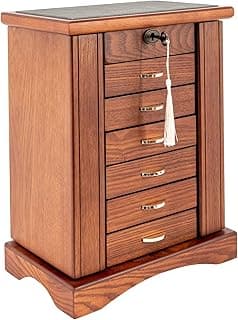 TianQinLang Retro Wooden Jewelry Box 7 Layers Large Jewelry Organizer Cabinet with Mirror and Lock Women Girls Necklace Rings Earrings Watches Storage Case,11.1x6.9x14.2in,2 Side Doors (Brown)