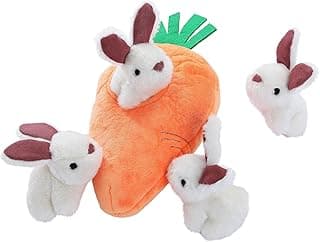 Amazon Basics Hide and Seek Squeaky Dog Plush Toy, Rabbit and Carrot, Orange and White, 5 Pack image
