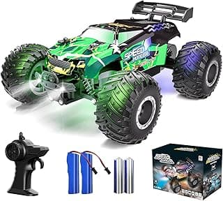 Remote Control Car RC Cars All Terrain Monster Truck, Outdoor 2WD Off Road Hobby RC Truck with 2 Rechargeable Batteries and Colorful Light, 20Km/h Fast RC Car Toys Gift for Kids Boys image