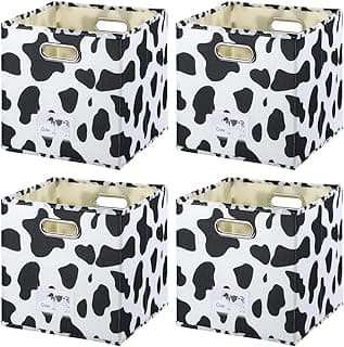 10.6 X 10.6 X 10.6 Inches Portable Desktop Closet Shelf Organizer Containers, 4 Pcs Storage Cubes Set, Cow Print Large Cotton Linen Fabric Storage Bins, Foldable Baskets Boxes with Handles image