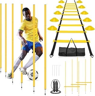 Soccer Agility Training Poles Equipment- Includes 6 Agility Poles,6 Jumping Hurdles,Agility Ladder, 12 Soccer Cones,Jump Rope for Speed Training, Soccer Agility Training, Basketball Athletes